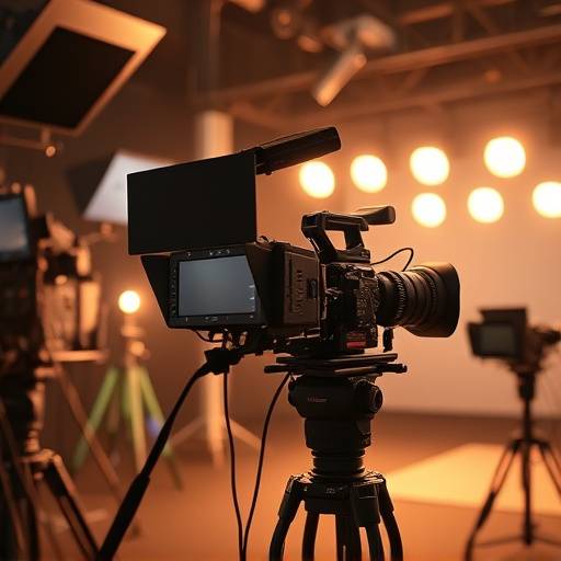 Equipamento de filmagem profissional em um set de vídeo com iluminaäão elaborada
