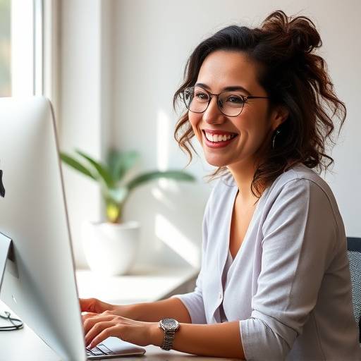Fernanda Oliveira trabalhando em um iMac com um sorriso amigável.