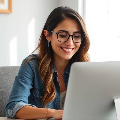 Fernanda Oliveira trabalhando em um iMac com um sorriso amigável.