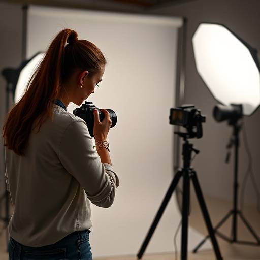 Isabela Souza fotografando um modelo em um estüdio profissional.