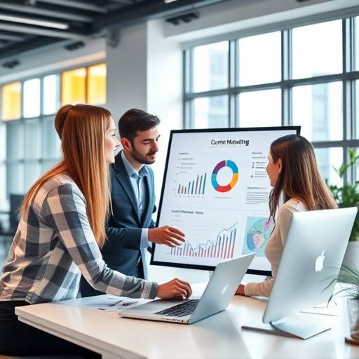 Pessoas trabalhando em um planejamento de marketing de conteüdo com gráficos e dados em uma tela
