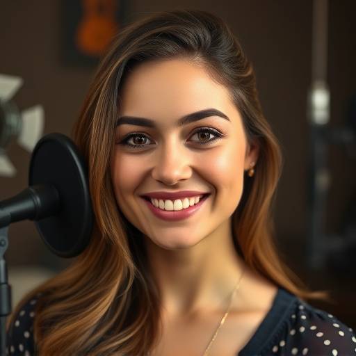Retrato de Ana Paula, sorrindo com um fundo desfocado de estüdio de gravaäão.
