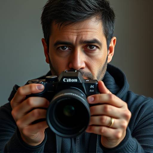 Retrato de Carlos Roberto Almeida, um fotógrafo profissional segurando uma câmera profissional.