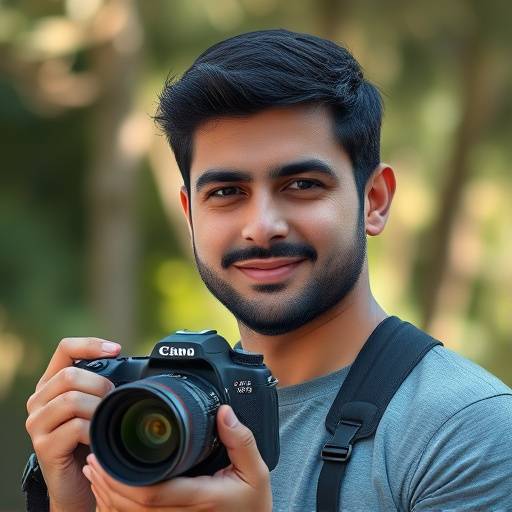 Retrato de Carlos Roberto, um fotógrafo segurando uma câmera profissional.