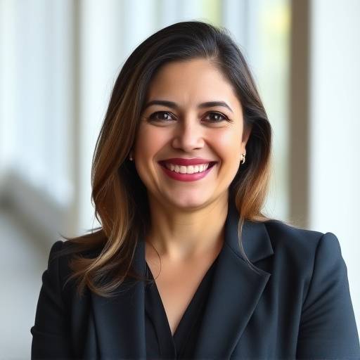 Retrato de Marcela Ferraz, a diretora executiva da escola, vestindo um blazer e sorrindo amigavelmente.