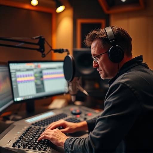 Técnico de som editando áudio em um estüdio de gravaäão profissional